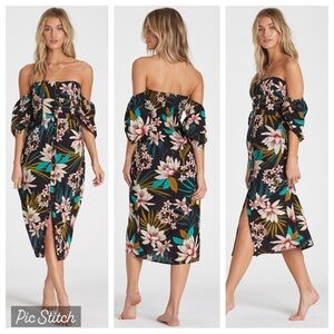 Billabong Love Tight Midi Floral Off-Shoulder Dress Small